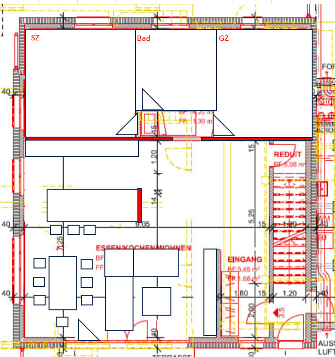 Grundrissplan eines Hauses mit Bad, Schlafzimmer, Wohnzimmer und Eingangsbereich
