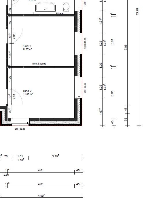 Grundriss eines Hauses mit zwei Kinderzimmern und Flur
