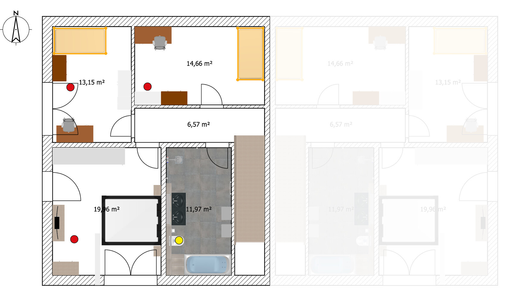 Grundriss eines Apartments mit mehreren Zimmern, Möbeln und Flächenangaben in m².