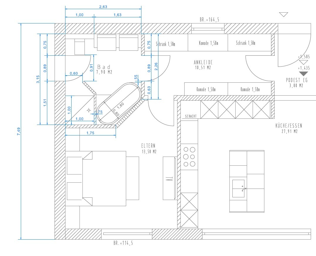 2D-Grundriss eines Hauses mit Küche, Bad, Schlafzimmer und Essbereich, Maßangaben
