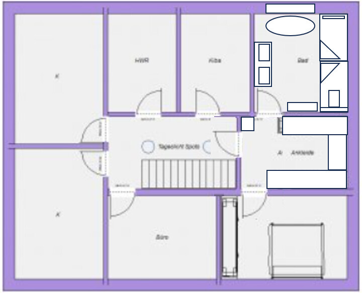 Grundriss eines Hauses mit zentraler Treppe, Flur, Küche links, Bad/Schlafzimmer rechts.