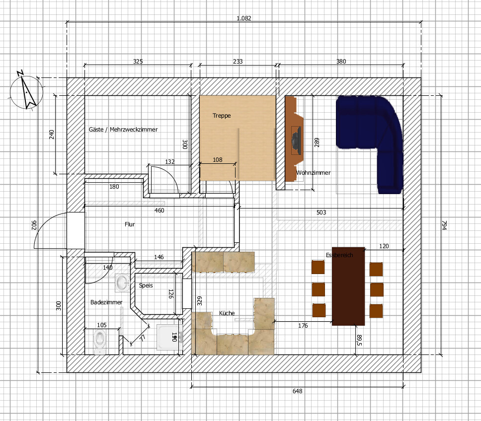 Grundriss eines Hauses: Gästezimmer, Treppe, Wohnzimmer mit blauem Sofa, Essbereich, Küche, Bad