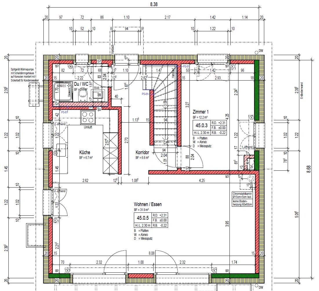 Grundrissplan eines Wohnhauses mit Küche, Wohnzimmer, Bad, Flur und Zimmern.