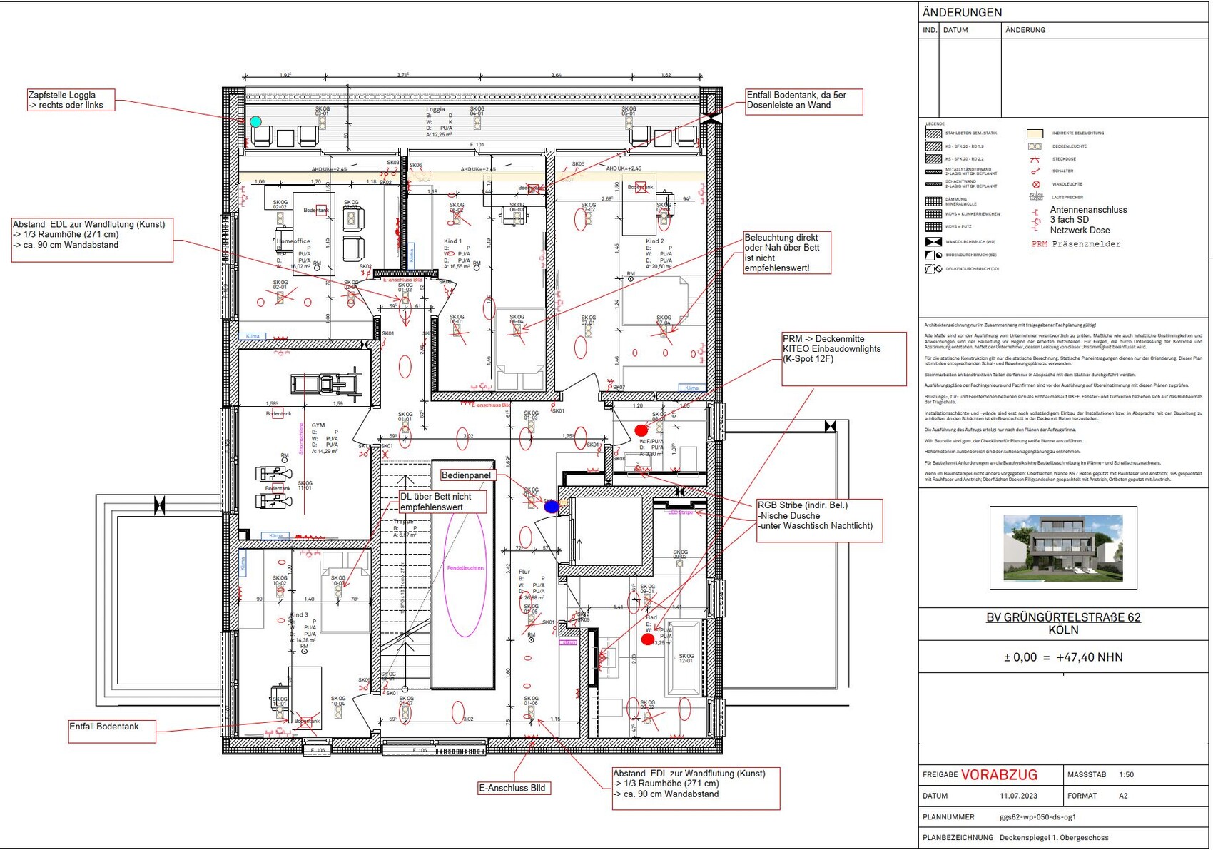 Architektonischer Grundriss eines Hauses mit Zimmeraufteilung, Möbeln, Abmessungen und Legende.