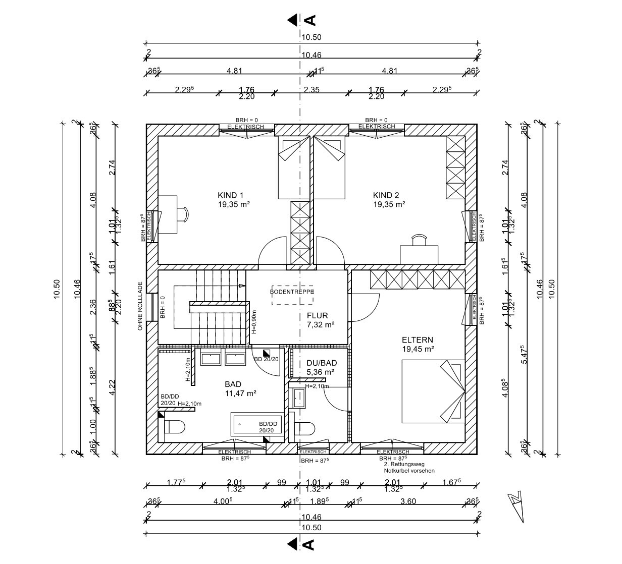 Grundriss der Etage: zwei Kinderzimmer, Elternzimmer, Flur, Bad, DU/Bad, Treppenhaus