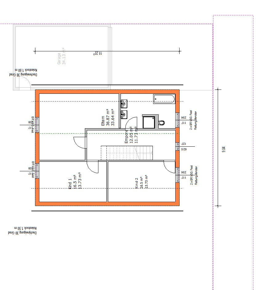 Grundriss eines Hauses: orange Außenwand, drei Zimmer (Eltern, Kind 1, Kind 2), Treppe, Bad.