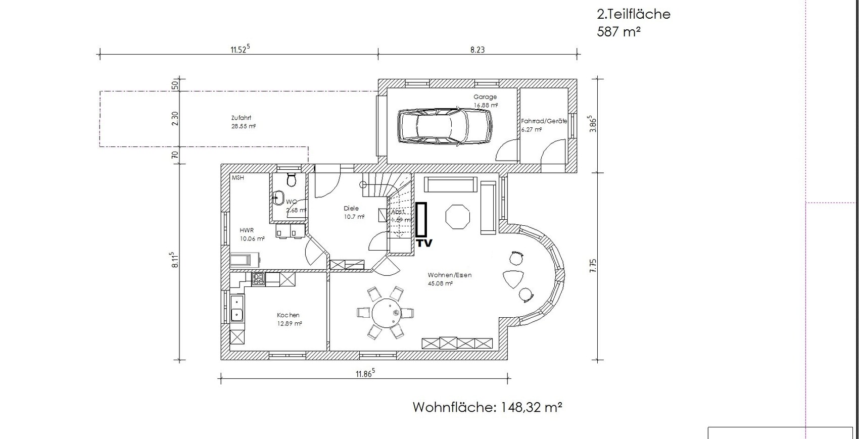 Grundriss eines Einfamilienhaus-Erdgeschosses: Garage mit Auto, Wohn-/Essbereich, Küche, Diele.
