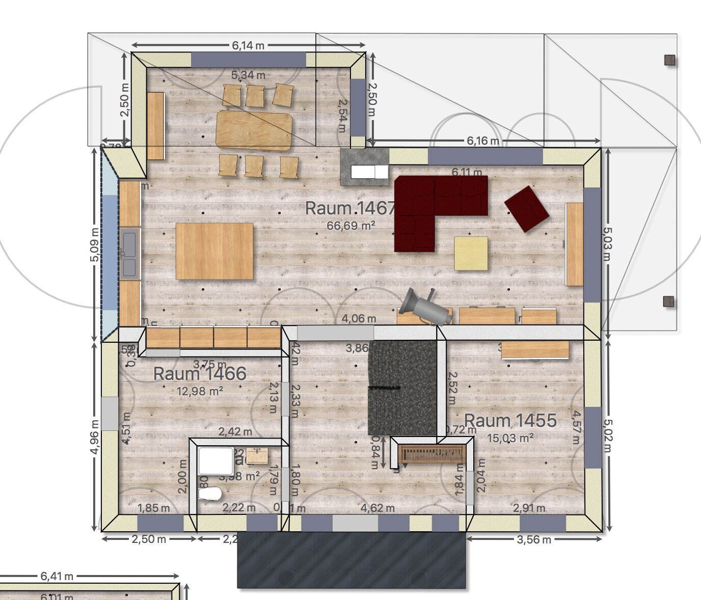 Grundriss: offener Wohnbereich mit Esstisch, Kücheninsel und rotem Sofa.