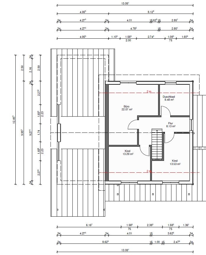 Grundriss eines Dachgeschosses: Büro, zwei Kinderzimmer, Flur und Duschbad, Treppenbereich.