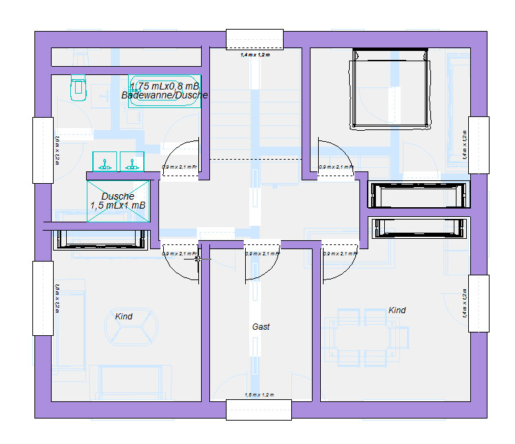 Grundriss eines Hauses: Flur, Bad mit Badewanne, Dusche, Gästezimmer, Kinderzimmer, Treppe.