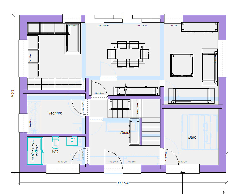 Grundriss eines Gebäudes mit Büro, Technik, WC, Diele, Treppen und zentralem Esstisch.