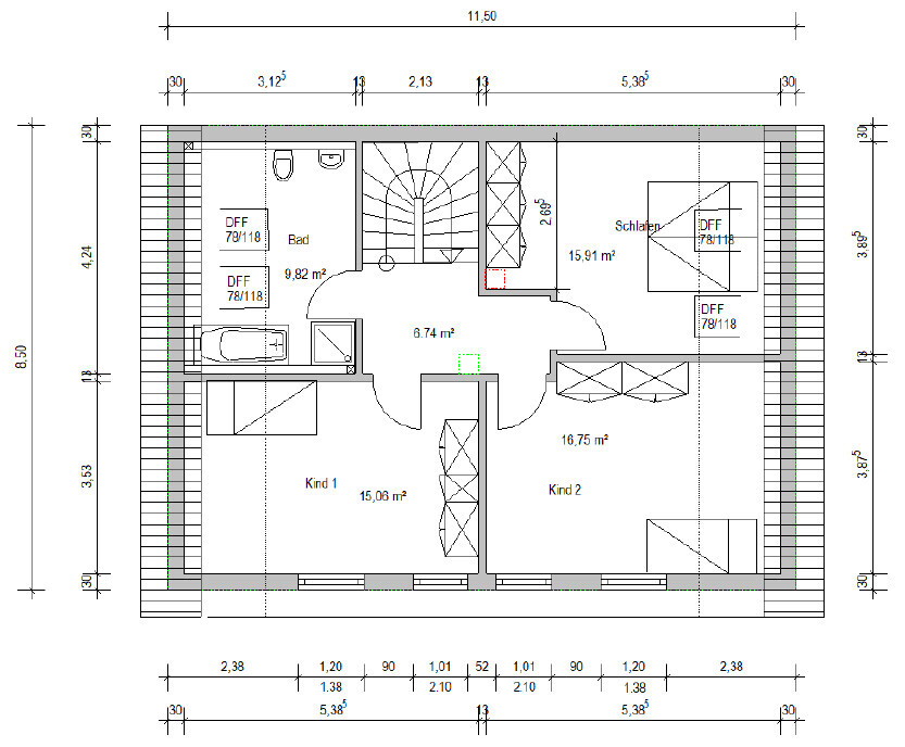 Grundriss eines Obergeschosses mit Bad, Schlafraum, zwei Kinderzimmern, Flur und Treppe.