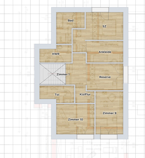 Grundriss eines Hauses mit Bad, SZ, Ankleide, Reserve, HWR, Toi, KiziFlur, Zimmer 1, 9, 10