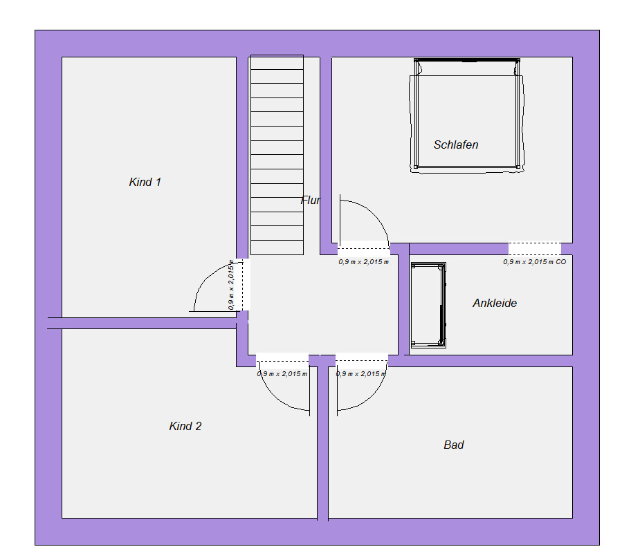 Grundriss eines Hauses mit Schlafzimmer, Ankleide, Bad, Flur und Kinderzimmern.