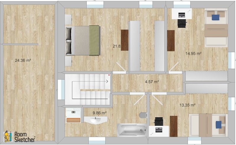 Grundriss einer Wohnung: großes linkes Zimmer, drei Schlafzimmer, Flur, Treppenhaus, Bad.