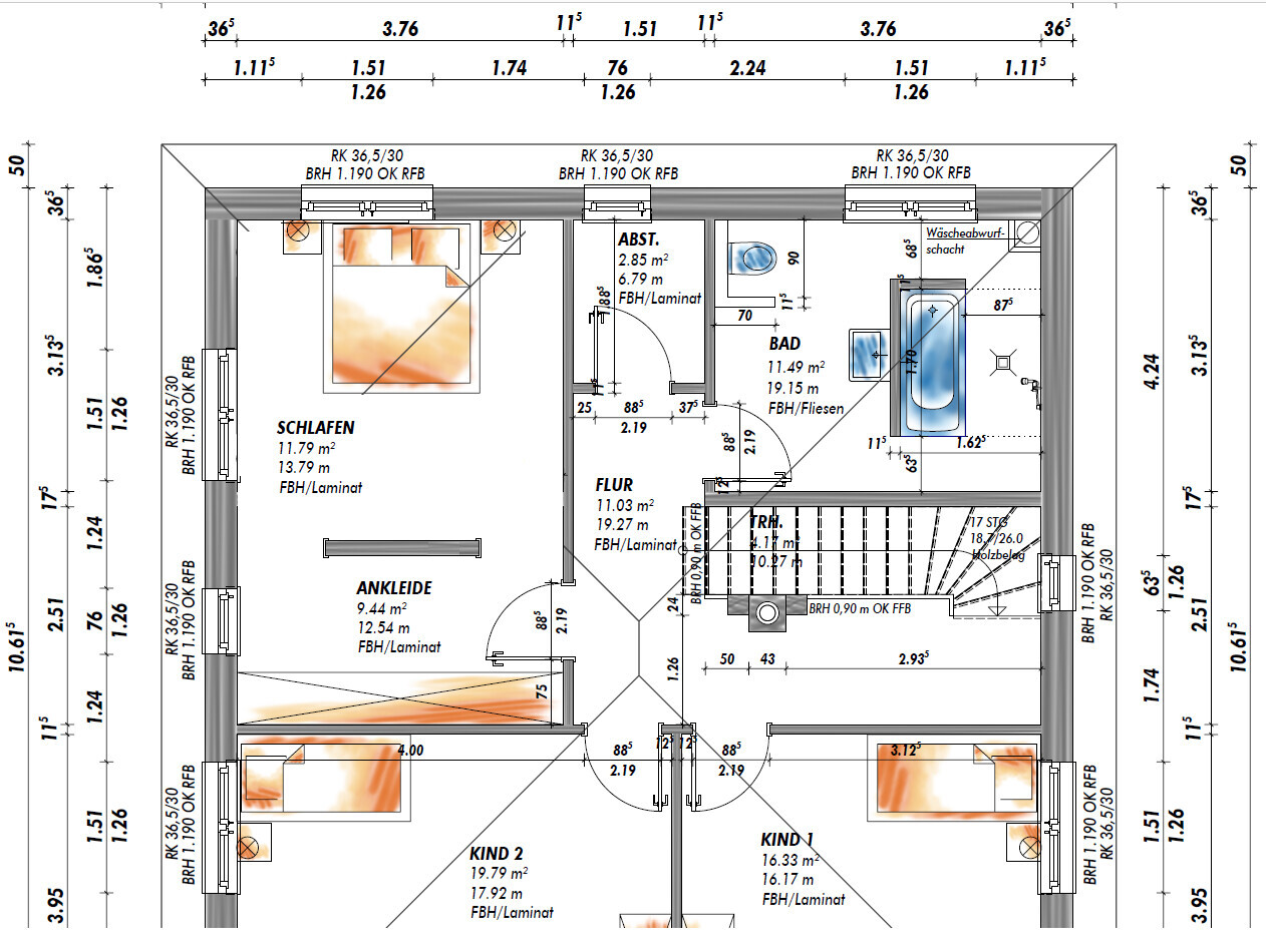 Grundriss eines Wohnplans mit Schlafzimmer, Ankleide, Flur, Bad und zwei Kinderzimmer.