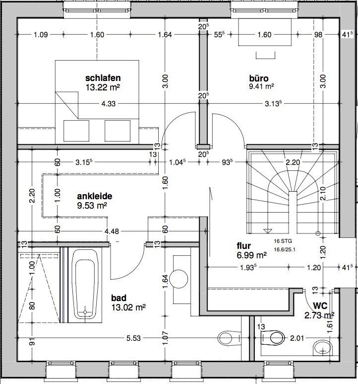 Grundriss eines Hauses mit Schlafraum, Bad, Ankleide und Flur