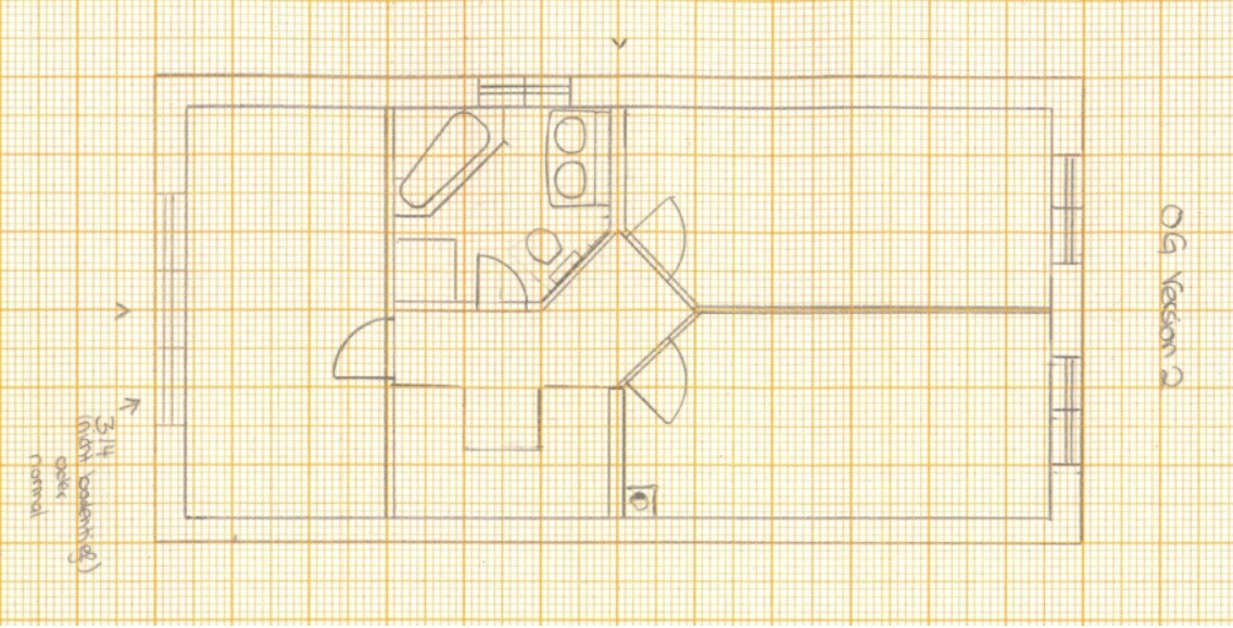 Grundriss einer Wohnung: Zimmer, Küche, Bad, Türen und Möbelzeichnung auf Rastergrundlage