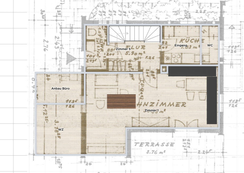 Grundriss eines Apartments: Zimmer 1, Wohnzimmer, Küche, Eingang, WC, Terrasse, Anbau Büro.