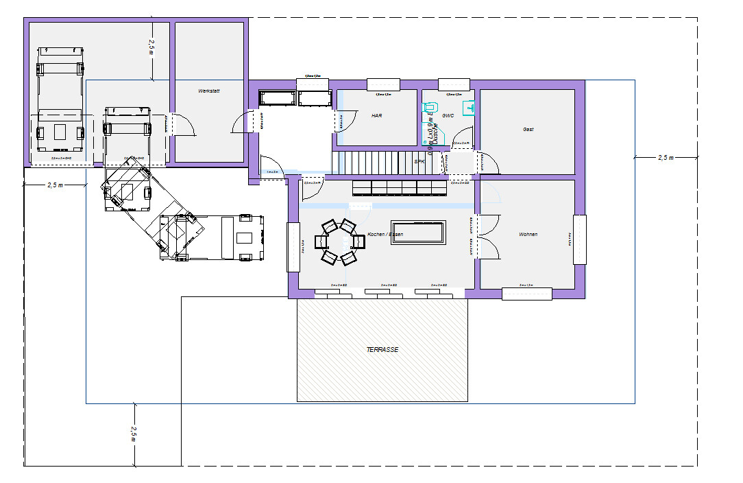 Grundriss eines Hauses mit Küche/Essen, Wohnzimmer, Terrasse, Gästezimmer, Garage, Werkstatt, HAR.