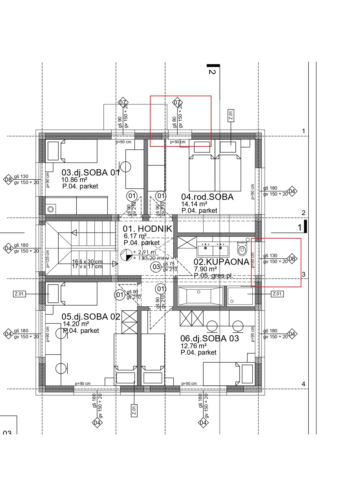 Grundrissplan eines Wohnhauses mit Schlafzimmern, Bad, Küche und Flur.