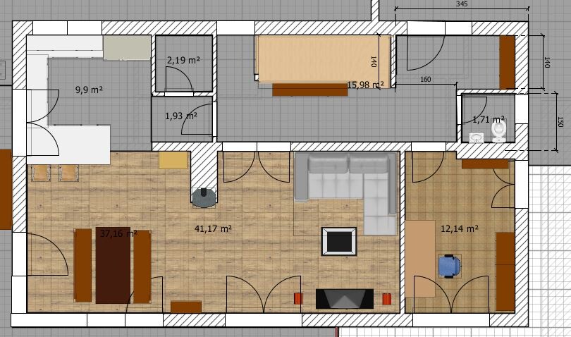Grundriss eines Hauses: offener Wohnbereich mit Küche, Esstisch, Sofa, Kamin, Schlafzimmer, Bad.
