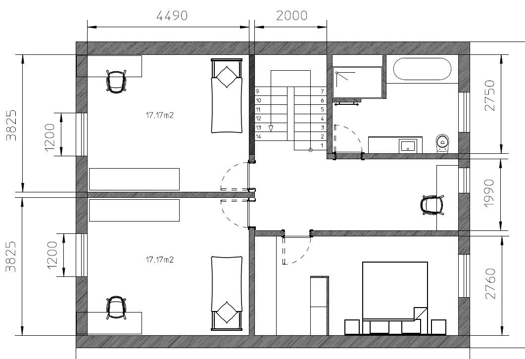 Grundriss eines Hauses mit Schlafzimmern, Bad, Treppe und Wohnbereich