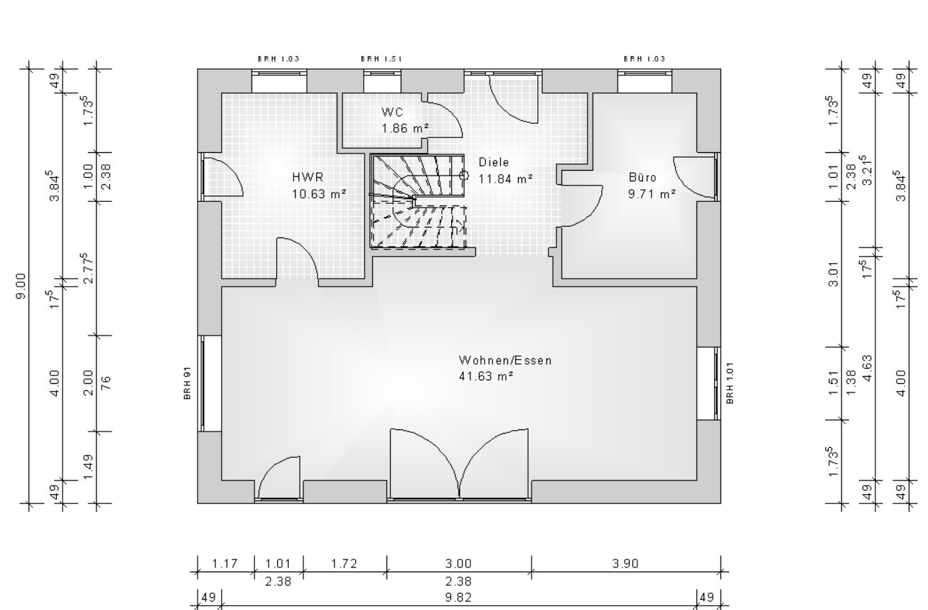Grundriss eines Hauses: Offener Wohn-/Essbereich, Diele, Büro, HWR und WC.