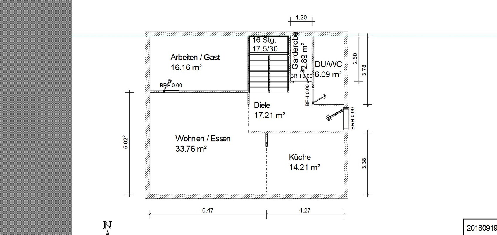 Grundriss: Wohn/Essbereich, Küche, Arbeiten/Gast, Diele, DU/WC, Garderobe, Treppenhaus