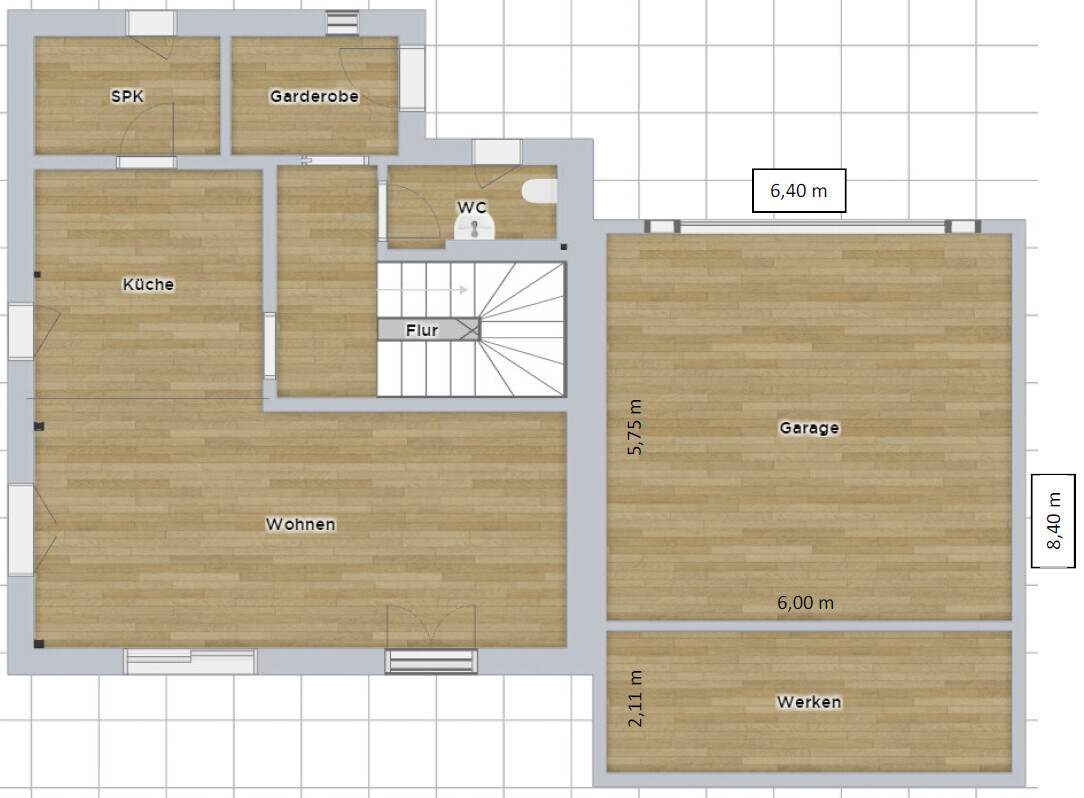 Grundriss eines Hauses mit Küche, Wohnen, Speisekammer, Garderobe, WC, Flur, Garage und Werken.