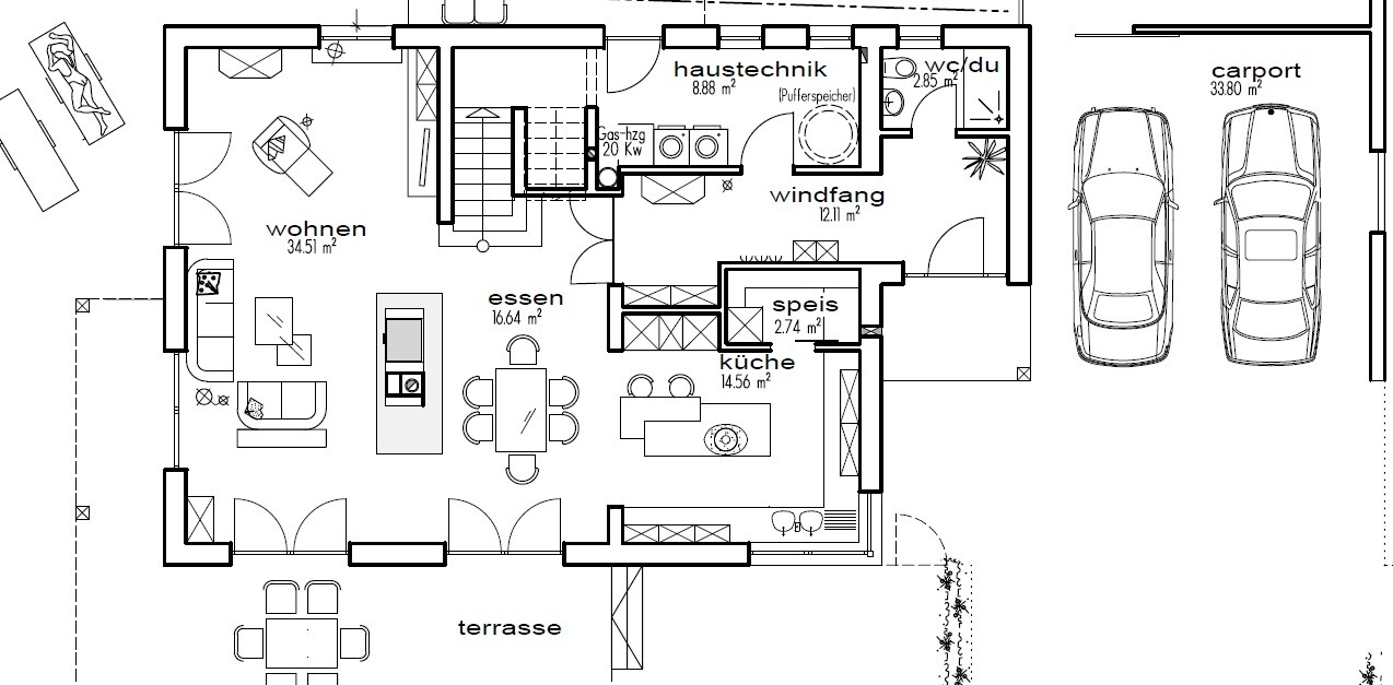 2D-Grundriss eines Hauses mit Wohn- und Essbereich, Küche, Terrasse und Carport