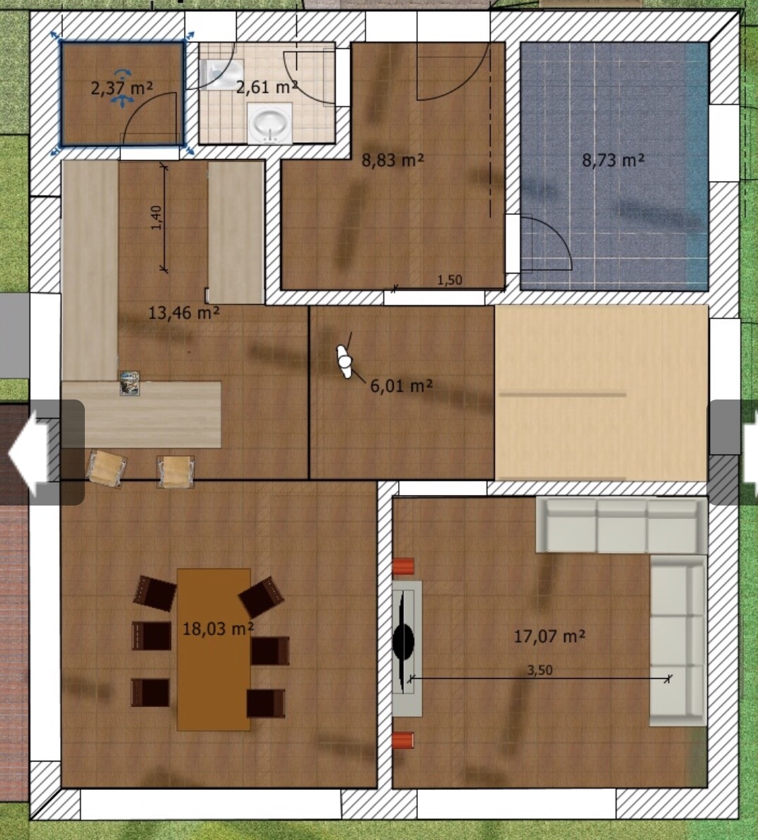 Detaillierter Grundriss eines Hauses mit mehreren Zimmern, Türen und Möbeln
