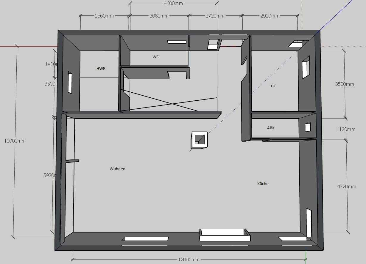 Grundriss eines Hauses mit Küche, Wohnen, HWR, WC, G1 und ABK