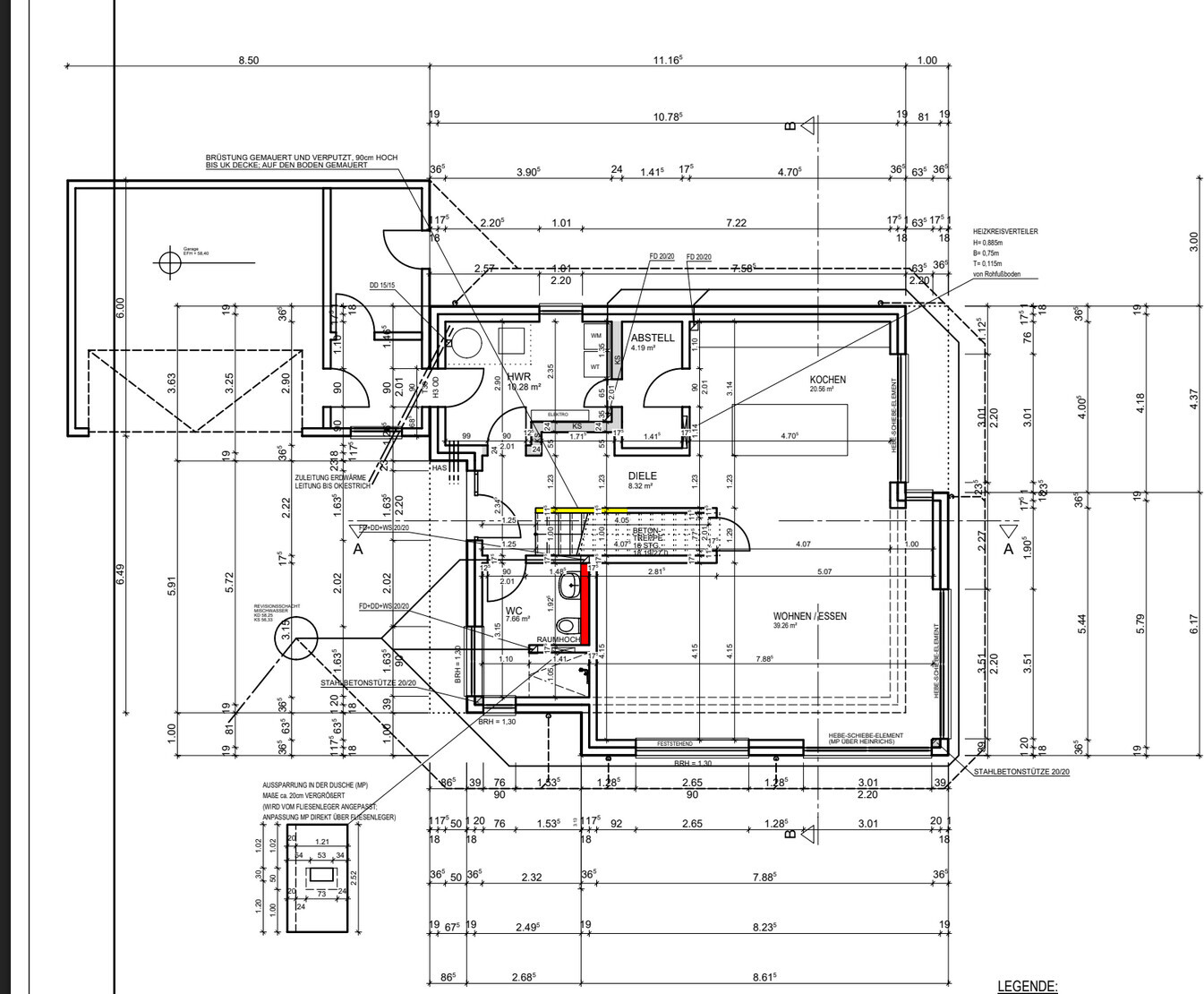 Grundriss eines Wohnhauses mit Küche, Wohnen/Essen, Diele und WC; Bauplan mit Maßangaben