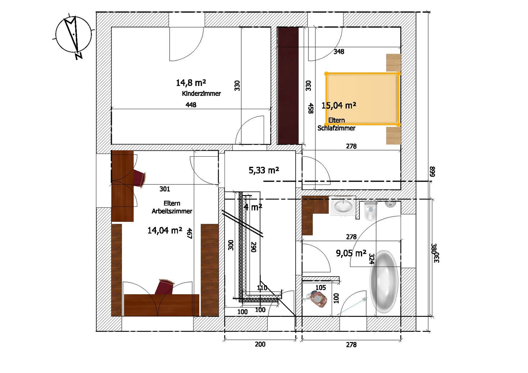 Grundriss einer Wohnung mit Eltern-Schlafzimmer, Arbeitszimmer, Kinderzimmer, Bad und Treppenhaus.