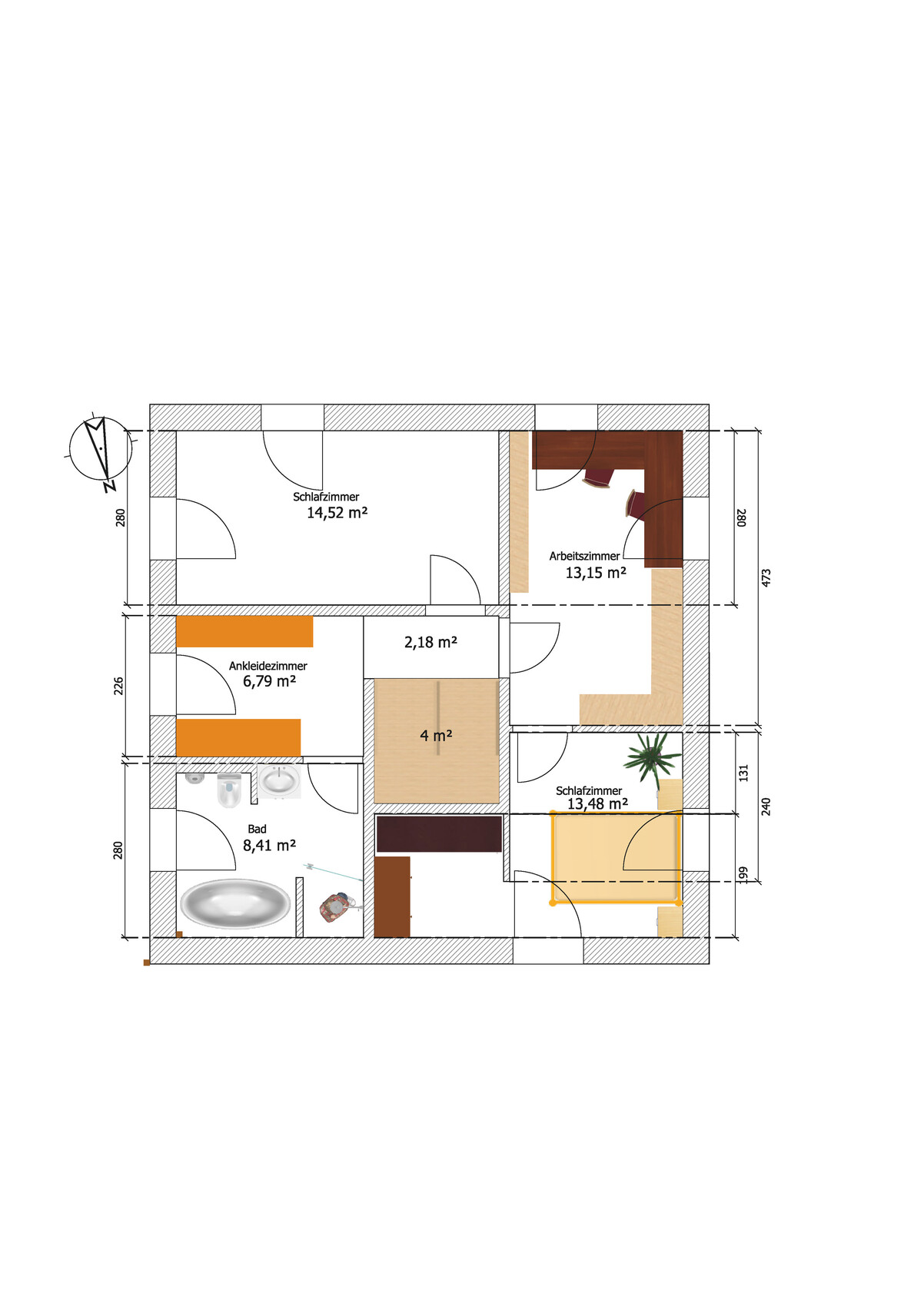 Grundriss einer Wohnung mit zwei Schlafzimmern, Arbeitszimmer, Bad, Ankleidezimmer und Fluren.