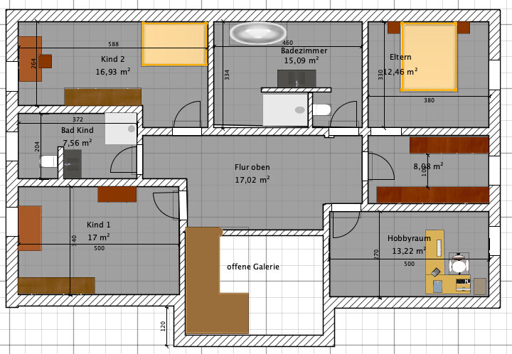 Grundriss eines Hauses mit Flur, offener Galerie, Elternzimmer, Kinderzimmern, Bad und Hobbyraum.