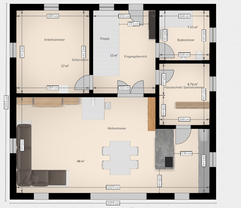 Grundriss eines Hauses mit Wohnzimmer, Arbeitszimmer, Flur, Treppe, Badezimmer und Haustechnik.