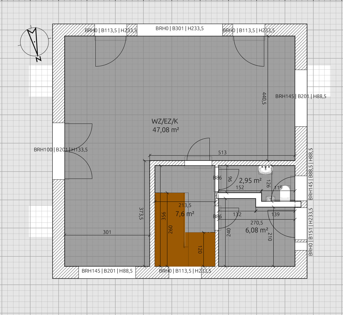 Grundriss einer Wohnung: großer Wohn-/Küchenbereich 47,08 m², Bad, Treppenhaus.