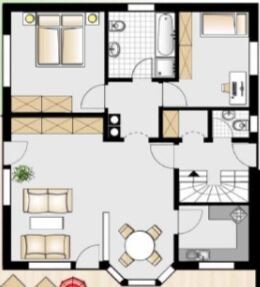 2D-Grundriss eines Hauses mit Wohnzimmer, Küche, Essbereich und Eingangsbereich.