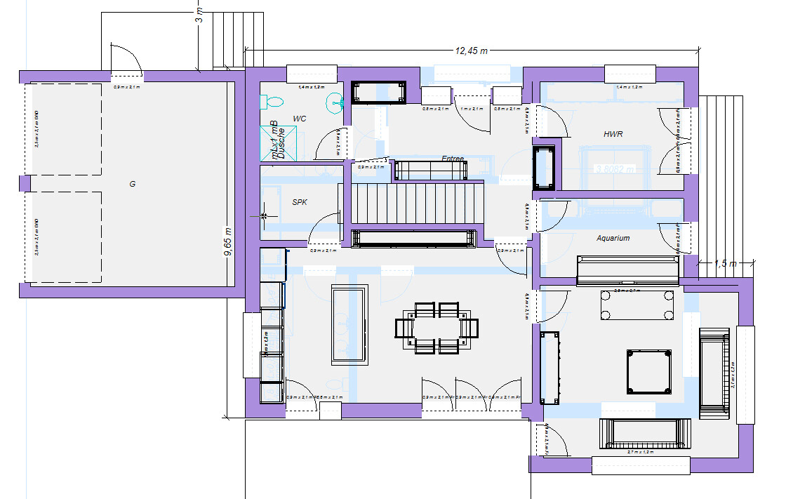 Grundriss eines Hauses: Garage links, zentrale Wohnfläche mit Essbereich, Küche, WC, HWR, Aquarium.