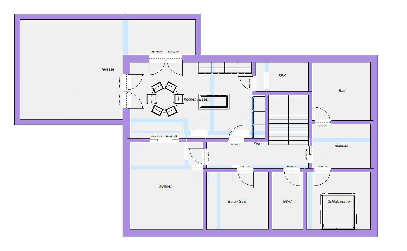 Grundriss eines Hauses: Wohnzimmer, Küche/Essen, Flur, Bad, Schlafzimmer, Büro/Gast, Terrasse.