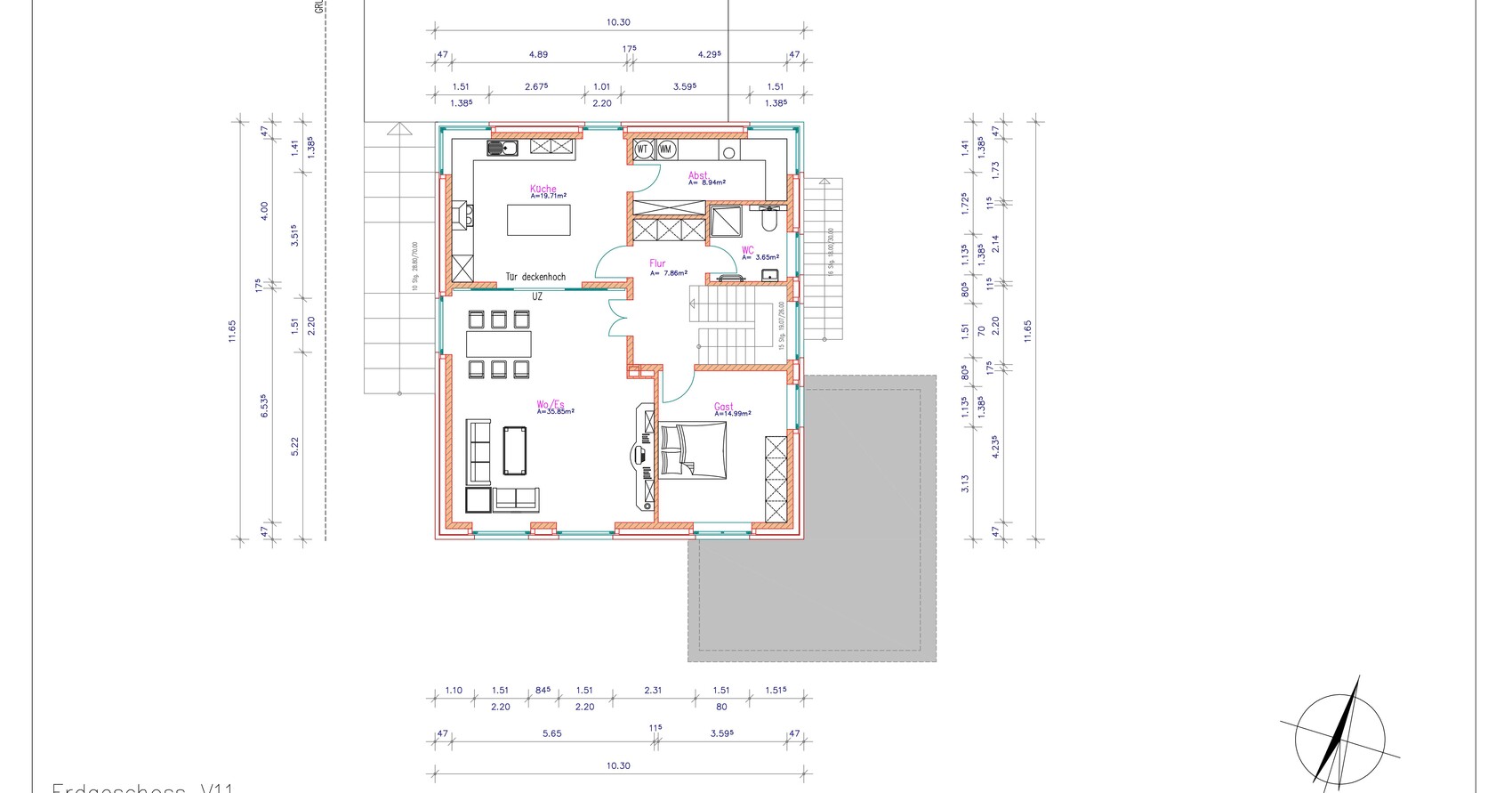 Grundriss eines Hauses mit Küche, Wohn-/Essbereich, Flur, WC, Abstellraum, Gästezimmer.