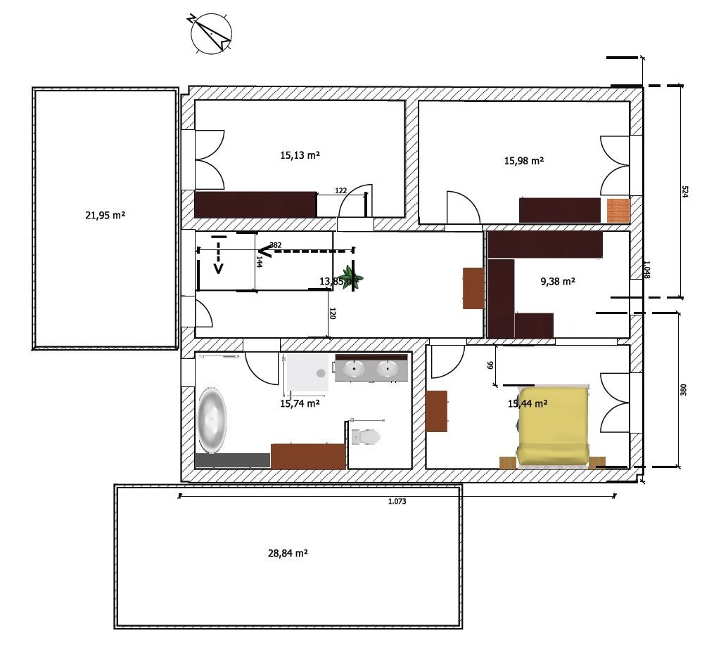 Grundrissplan eines Hauses mit mehreren Zimmern, Badezimmer, Küche und Flur