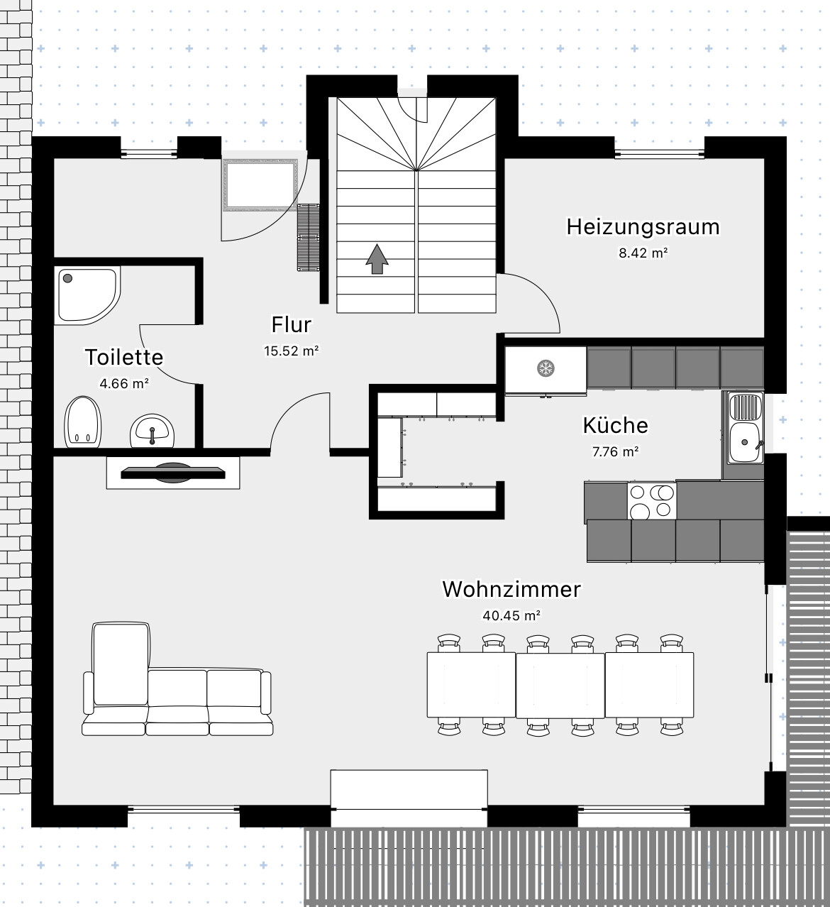 Grundriss eines Hauses: Flur, Toilette, Küche, Wohnzimmer, Heizungsraum und Treppen.