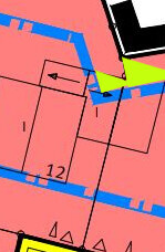 Farbig gestalteter Grundrissplan eines Hauses mit Wänden und Raumnummern