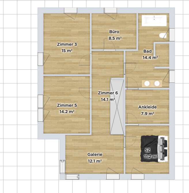 Grundriss einer Wohnung mit Zimmern, Büro, Bad, Ankleide, Galerie und Schlafzimmer.