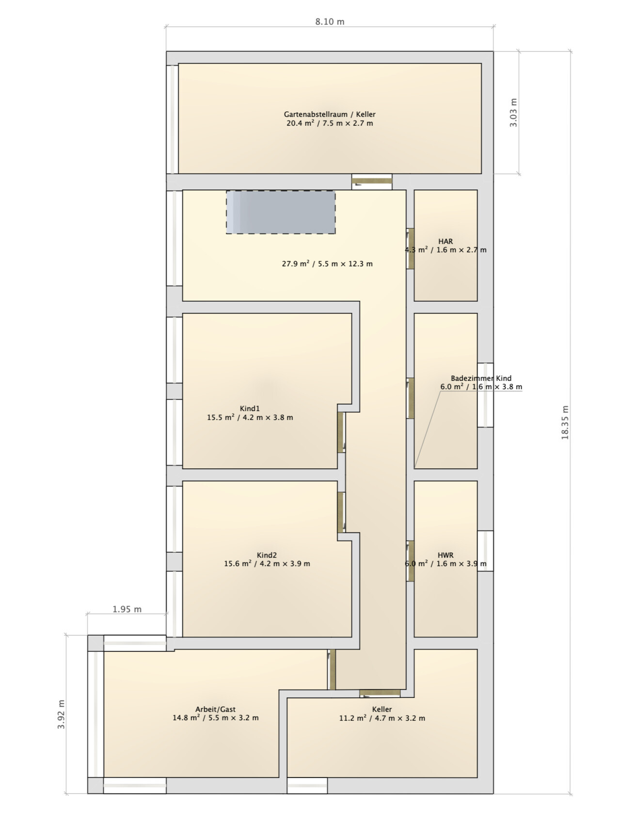 Grundriss eines Hauses mit Zimmern: Kind1, Kind2, Arbeits/Gast, Bad, Keller, HAR, HWR.