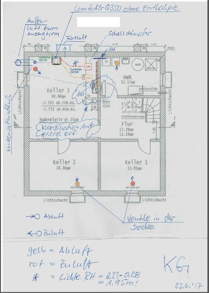 Grundriss eines Kellers mit drei Räumen, Flur, Lüftung und Notizen