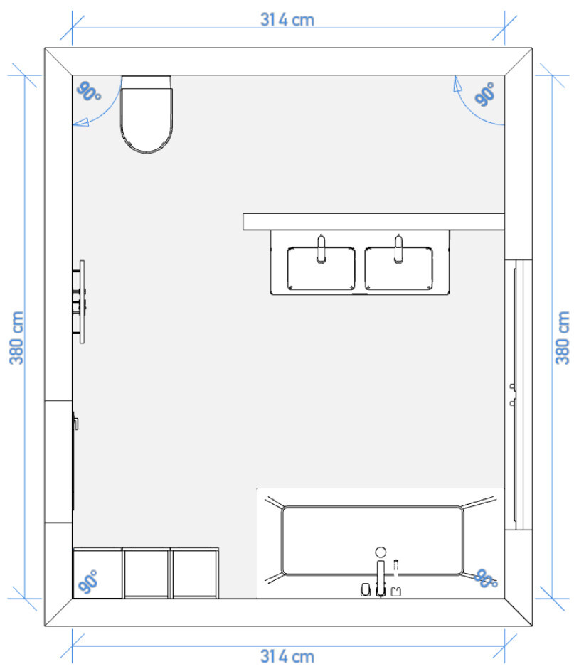 Grundriss eines 314x380 cm großen Raums mit Doppelwaschbecken auf Insel und Sofa